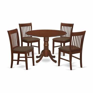 East West Furniture 5 Piece Kitchen Table Set – Round Drop-Leaf Dining Table & 4 Linen Fabric Chairs, 42x42 Inch, Mahogany