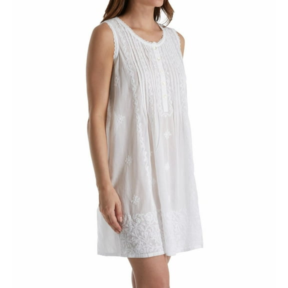 Women's La Cera 1104C 100% Cotton Woven Sleeveless Embroidered Gown (White L)
