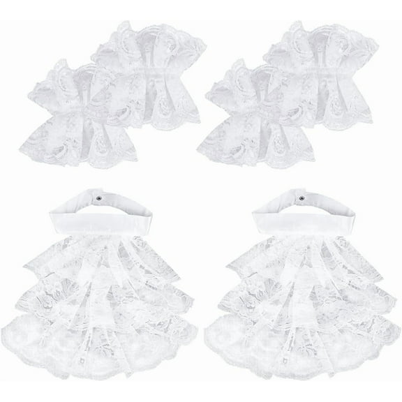 2 Sets Jabot Cuffs Set White Lace Ruffled Collar Unisex Lace Jabot Collar and Cuffs Costume Accessory for DIY Making