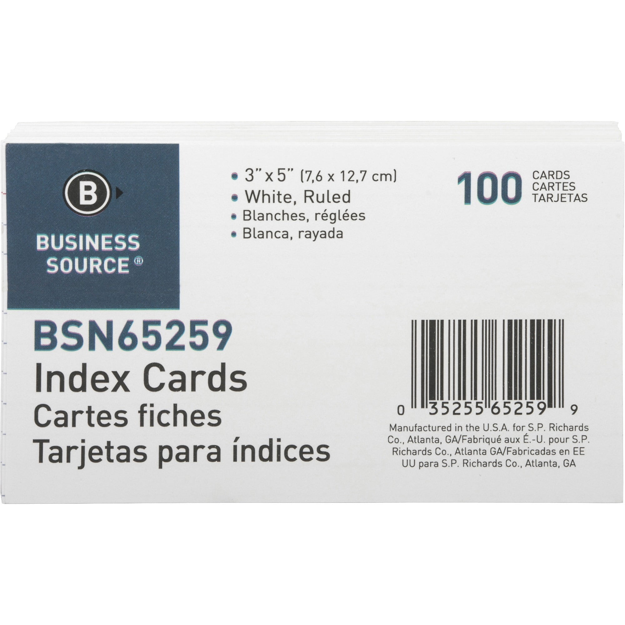 Business Source 3" x 5" Ruled White Index Cards, 72 lb Paper, Front Ruled, 1000/Box