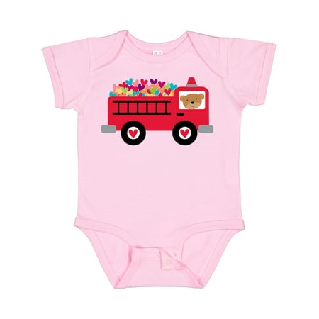

Inktastic Valentine Fire Truck Heart Bear Boys or Girls Baby Bodysuit
