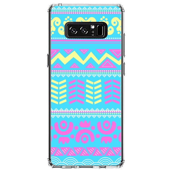 DistinctInk Clear Shockproof Hybrid Case for Samsung Galaxy Note 8 - TPU Bumper, Acrylic Back, Tempered Glass Screen Protector - Yellow Pink Blue Aztec Tribal