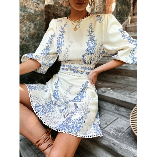 women s plant print cut out tie back lantern sleeve dress 2022 l 8 10 beige boho f047d walmart com