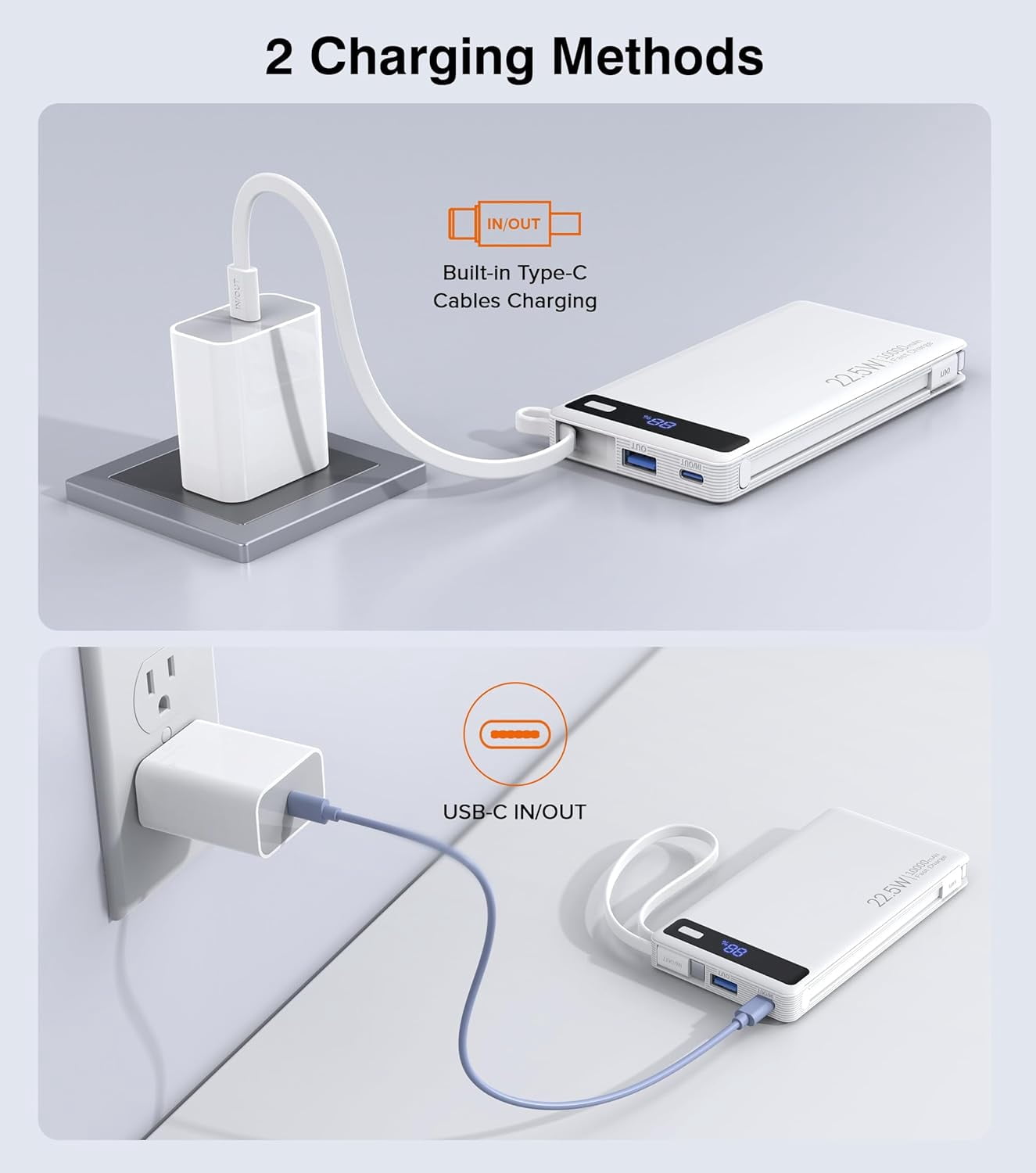 10000mAh Power Bank with 2 Built-in Cables, 22.5W PD Fast Charging Slim Portable Charger for iPhone Samsung iPad White