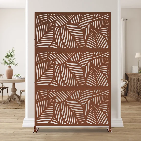 MAYEERTY 72*47" Outdoor Brown Metal Freestanding Privacy Panel Screen for Patio, Leaf Hollow - Out Pattern