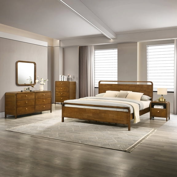 Roundhill Furniture Eldren Wood Bedroom Set, King Platform Bed with Dresser, Mirror, Nightstand, Chest in Walnut Finish