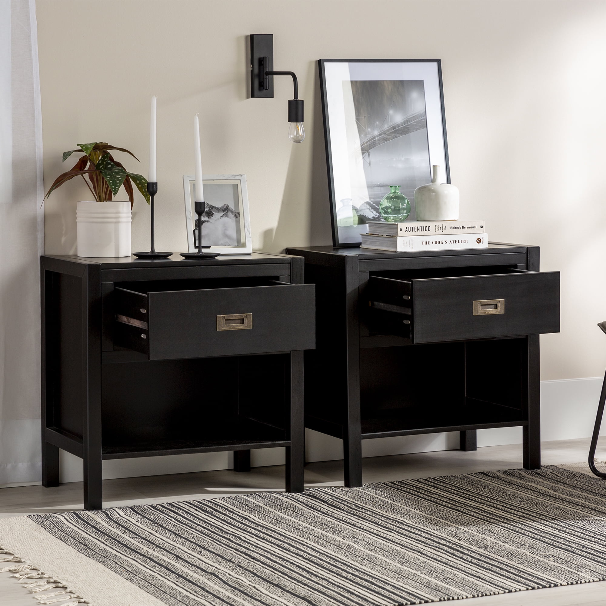 (Set of 2) Annabelle One Drawer Storage Nightstand by Walker Edison, Black