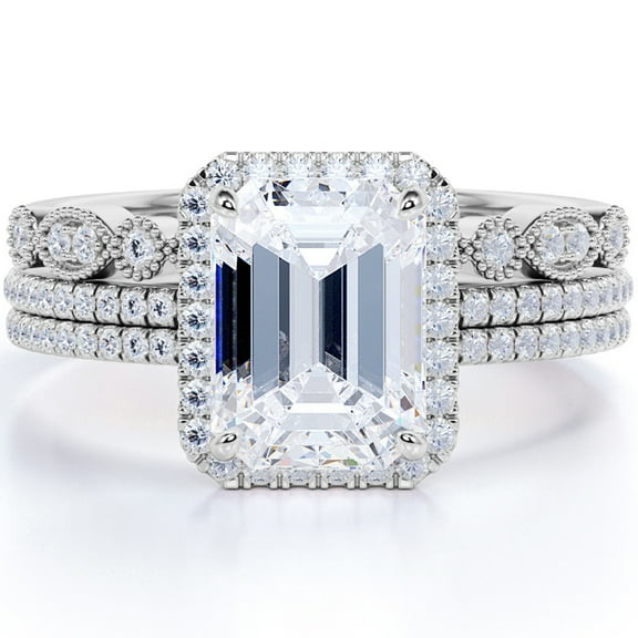 JeenMata Stunning 1.75 carat Real Moissanite Wedding Trio Ring Set with Engagement Ring and 2 Wedding Bands in 18k Gold Over Silver