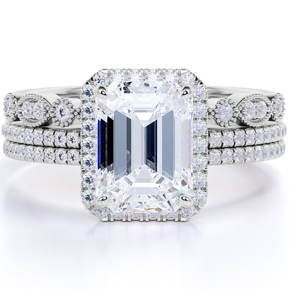 JeenMata Stunning 1.75 carat Real Moissanite Wedding Trio Ring Set with Engagement Ring and 2 Wedding Bands in 18k Gold Over Silver