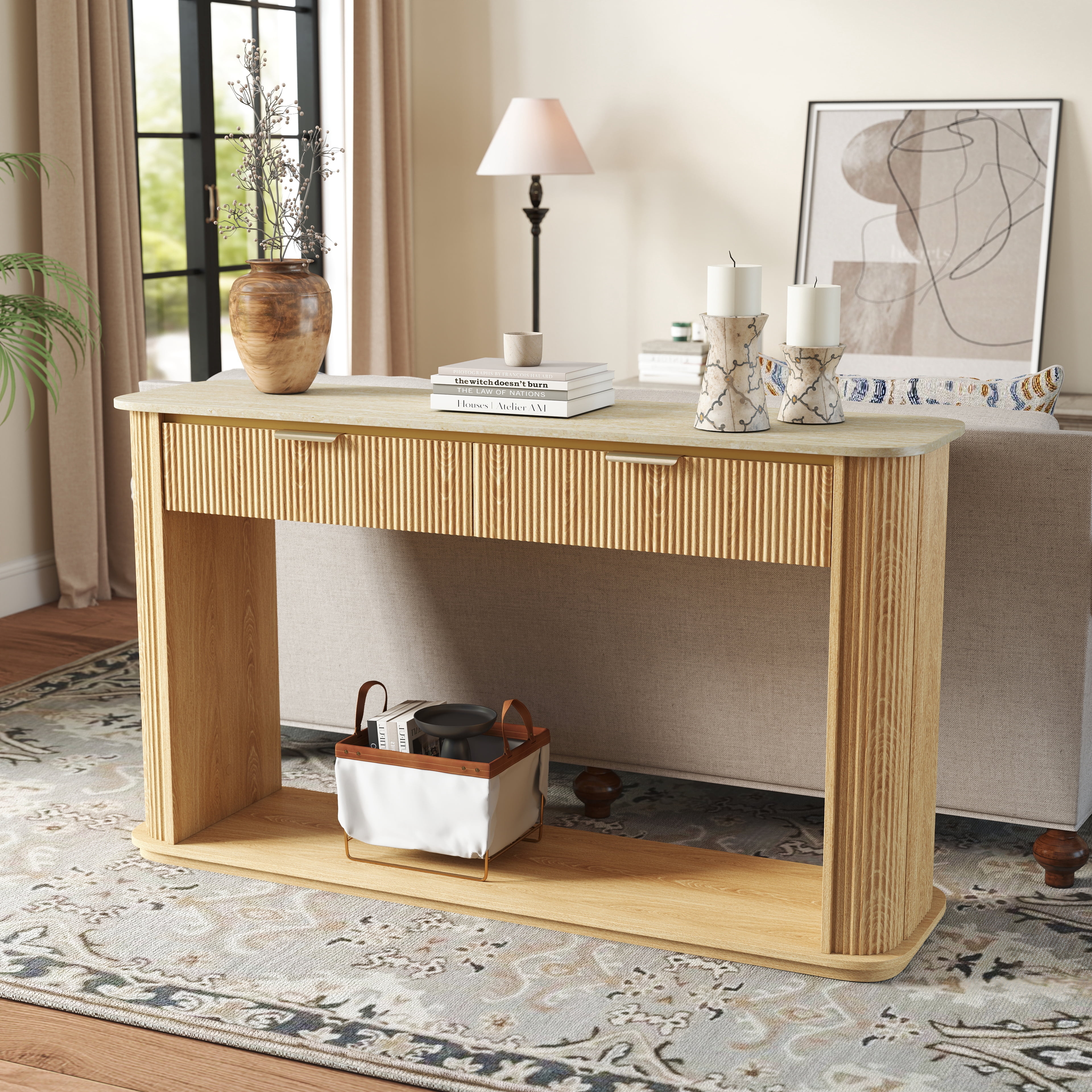 Fluted Console Table with Faux Travertine Top, 63" Entryway Sofa Table with Rose Gold Trim, 2 Drawers and Open Shelf, Curved Edge Modern Hallway Accent Table for Living Room