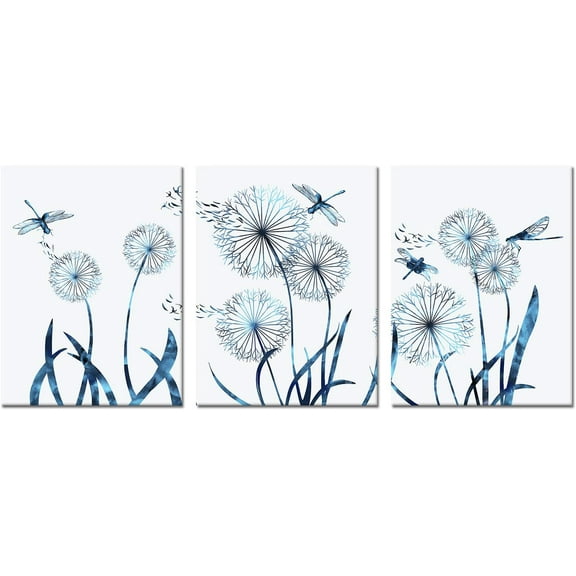 Abstract Blue Dandelion with Dragonfly Canvas Wall Art Decor Flowers Still Life Painting Prints Ready to Hang for Modern Living Room Bedroom Office Decoration