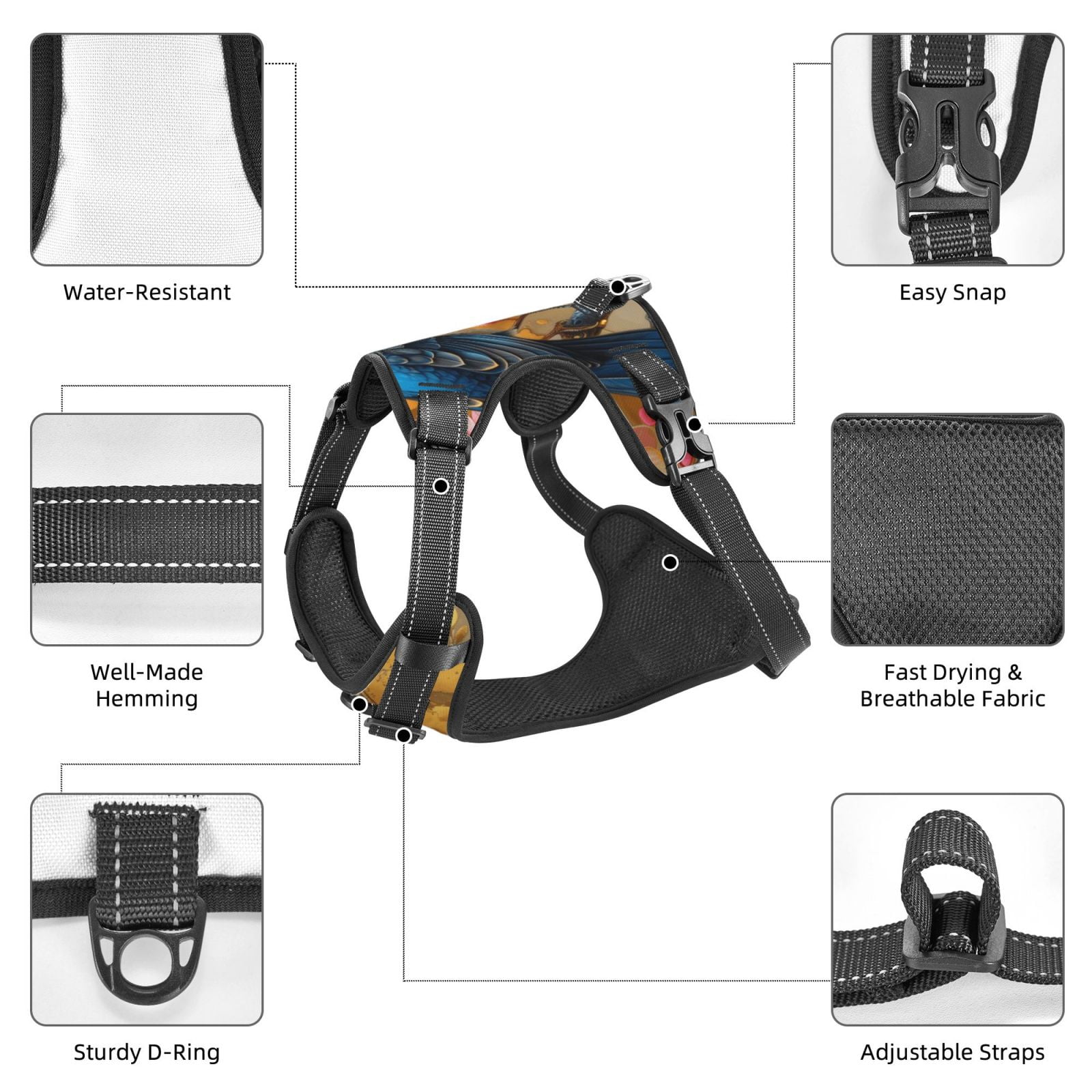 Fuzoiu Bluebird Blossom Elegance Print Reflective Dog Harness,Adjustable, Breathable Pet Vest,Dog Harness No Pull,No Choke Pet Vest for Small, Medium, and Large Dogs-Small