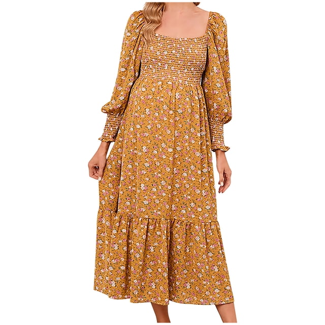 Pisexur Robe de Maternité pour Femme Bohème à Imprimé Floral, Encolure Carrée, Manches à Volants, Robe Longue Évasée, Ourlet à Volants pour Femme Enceinte, Élégante Robe Maxi à Manches Longues