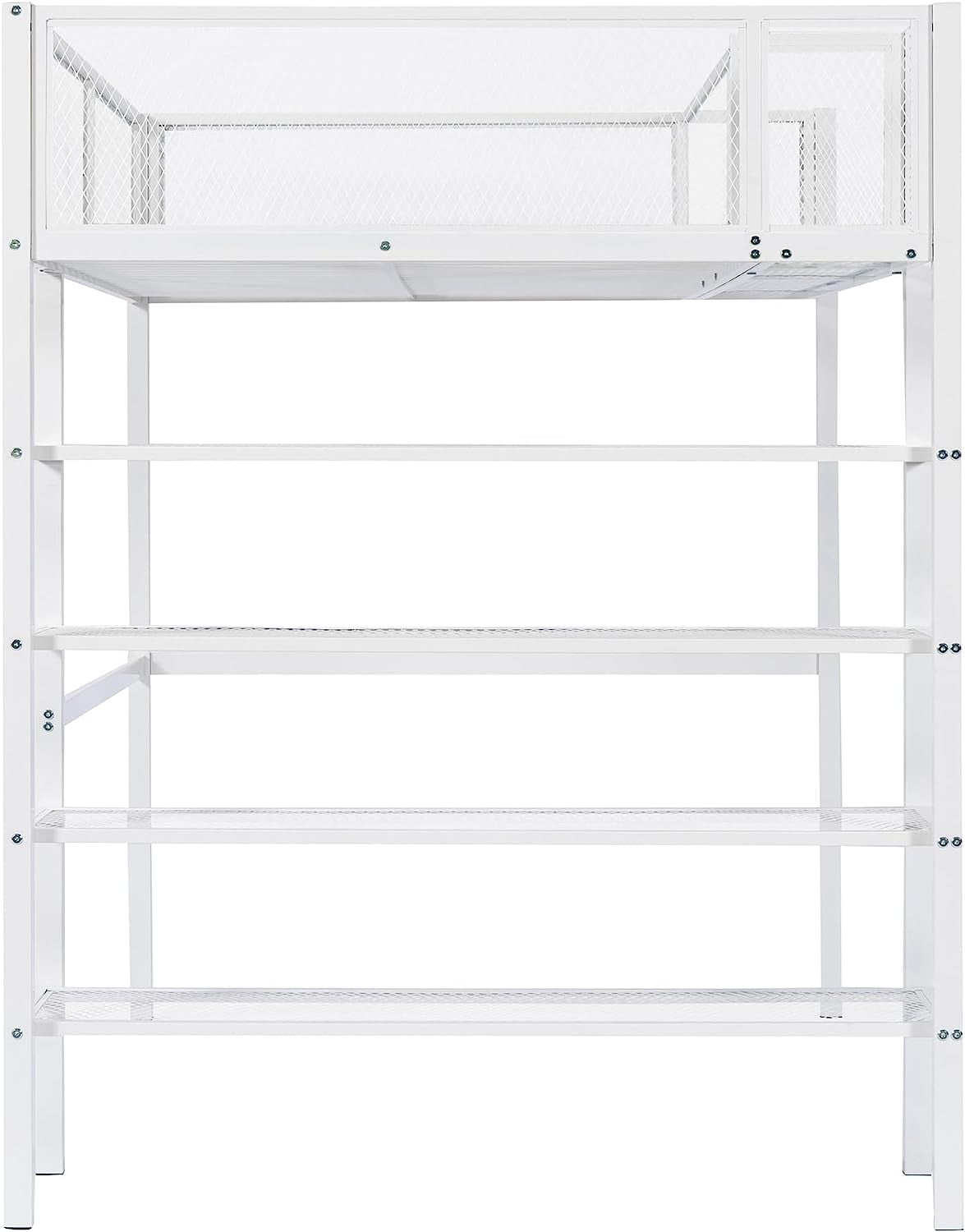 DEALTOPS Twin Size Metal Loft Bed with 4-Tier Shelves and Storage - White