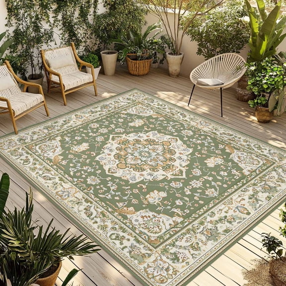 Southwestern Sage Green Outdoor Rug 3x5 Ft - Reversible Patio Rug Outdoor Camping Rugs, Tribal Antique Boho-Chic Heritage Indoor Outdoor Area Rugs, Non-Slip Outdoor Carpet Runner for Deck/Porch