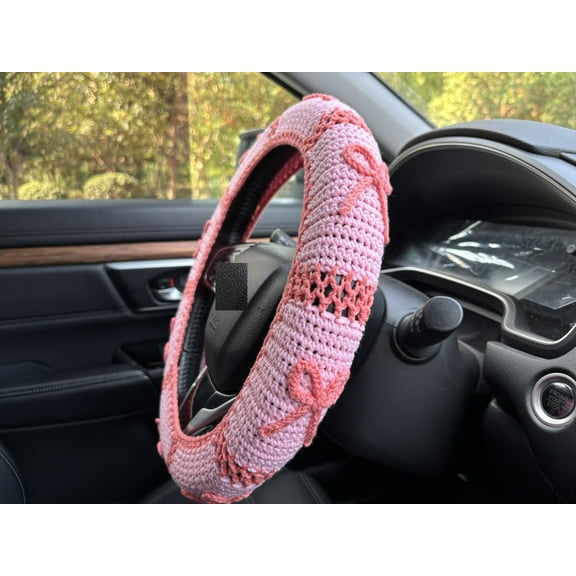 Crochet Pink Bow Car Steering Wheel Cover,Cute Car Interior Accessories