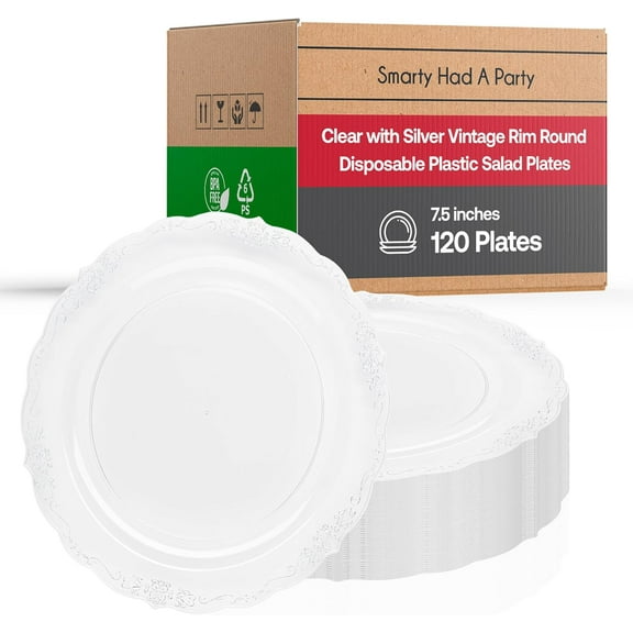 Elegant Plastic Plates, Disposable Dinnerware Sets, Plastic Dinner Plates, Disposable Plates for Party, Disposable Plastic Plates, Party Plates (Clear with Silver, 120 Plates (7.5" Salad Plates))