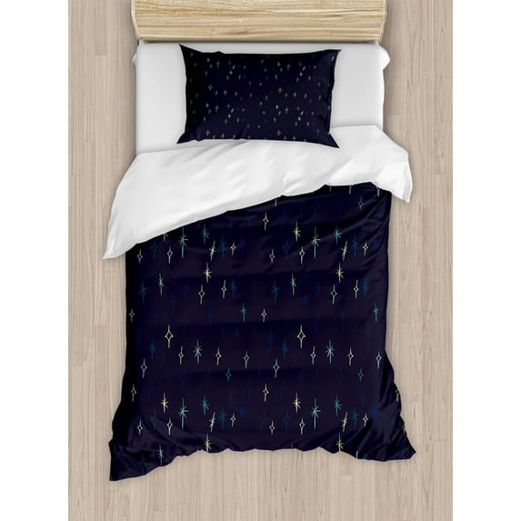 Abstract Duvet Cover Set Twin Size, Continuous Abstract Cartoon Style Stars at Night Cosmos Pattern, Decorative 2 Piece Bedding Set with 1 Pillow Sham, Dark Blue Grey and Multicolor, by Ambesonne
