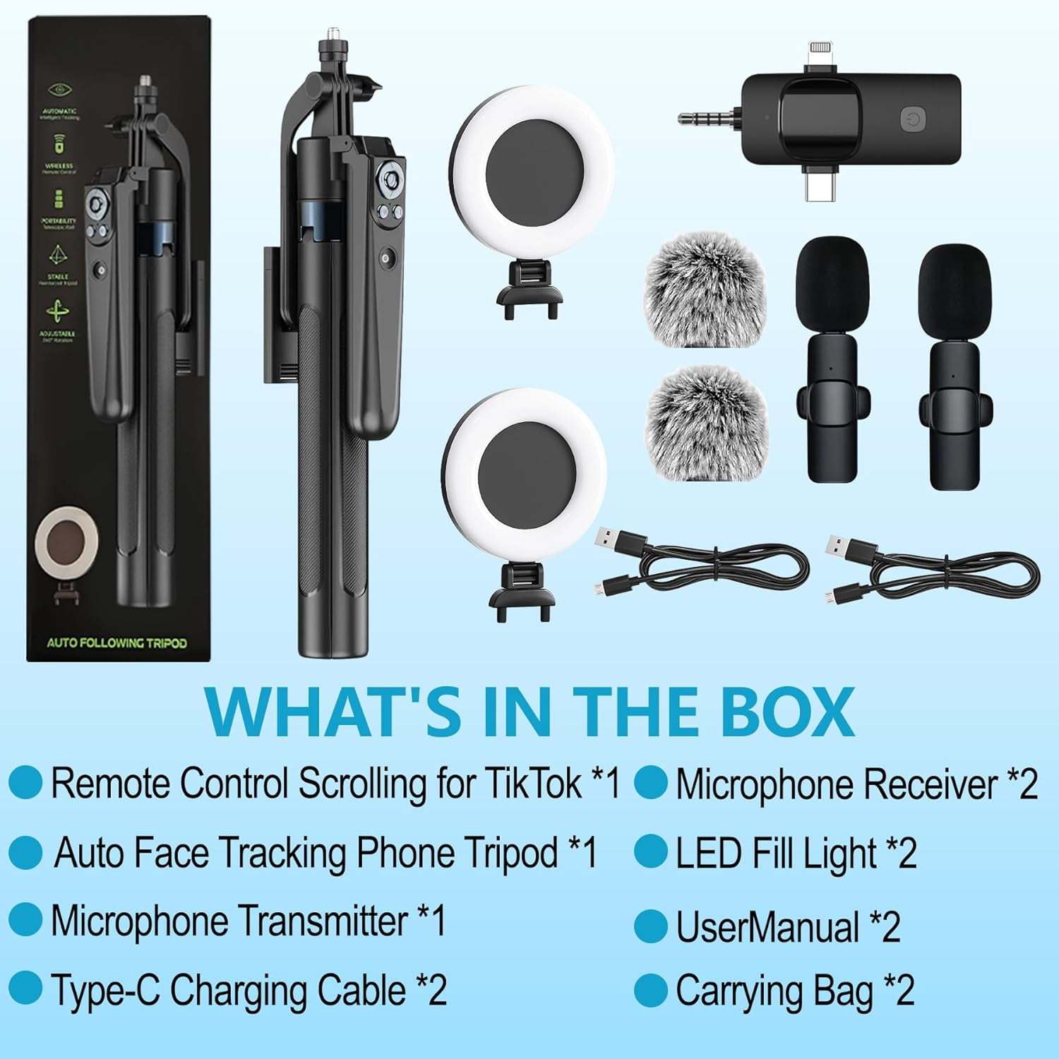 Vlogging Kit for iPhone/Android, 63”Auto Face Tracking Tripod for iPhone with Light, Microphones, Scrolling Remote Control for TikTok, Content Creator Kit for YouTube Starter Live Streaming