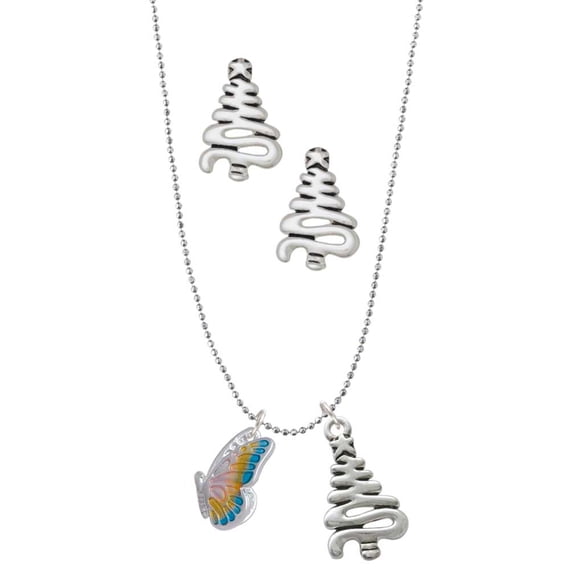 Delight Jewelry Silvertone Translucent Pastel Flying Butterfly Silver tone Zig Zag Christmas Tree Charm Necklace and Stud Earrings