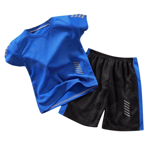 Bysome Boys Outfit Set Solid Color Short Sleeve Crew Neck Tees With Shorts Set Breathable Boys Outfit Size 3-4 Years Blue