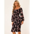 thumbnail image 2 of Vestido de mujer floral Allegra K con cuello cuadrado volantes mangas farol ajustado elegante sirena fruncido Negro XS, 2 of 5