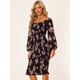 thumbnail image 2 of Vestido de mujer Allegra K floral cuello cuadrado volantes mangas farol ajustado elegante sirena fruncido Negro S, 2 of 5