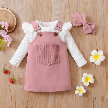 

Newborn Baby Girl Plain Ruffled Shoulder Romper Bodysuit Top Bid Overall Skirt Autumn Clothes Set