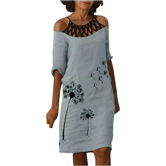 Sentmoon Casual Cutout Dress Short Sleeve Off Shoulder Fall Dresses for Women 2024 Cold Shoulder Fashion Print Short Dresses,Plus Size Comfy Women Clothing Gray S Up to 40% off