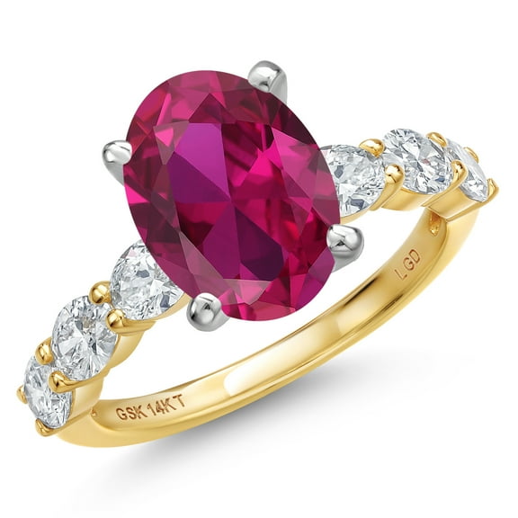 Gem Stone King 14K Two Tone Gold Red Created Ruby and Lab Grown Diamond Engagement Ring for Women | 4.90 Cttw | Oval 11X9MM | Gemstone July Birthstone | Size 8