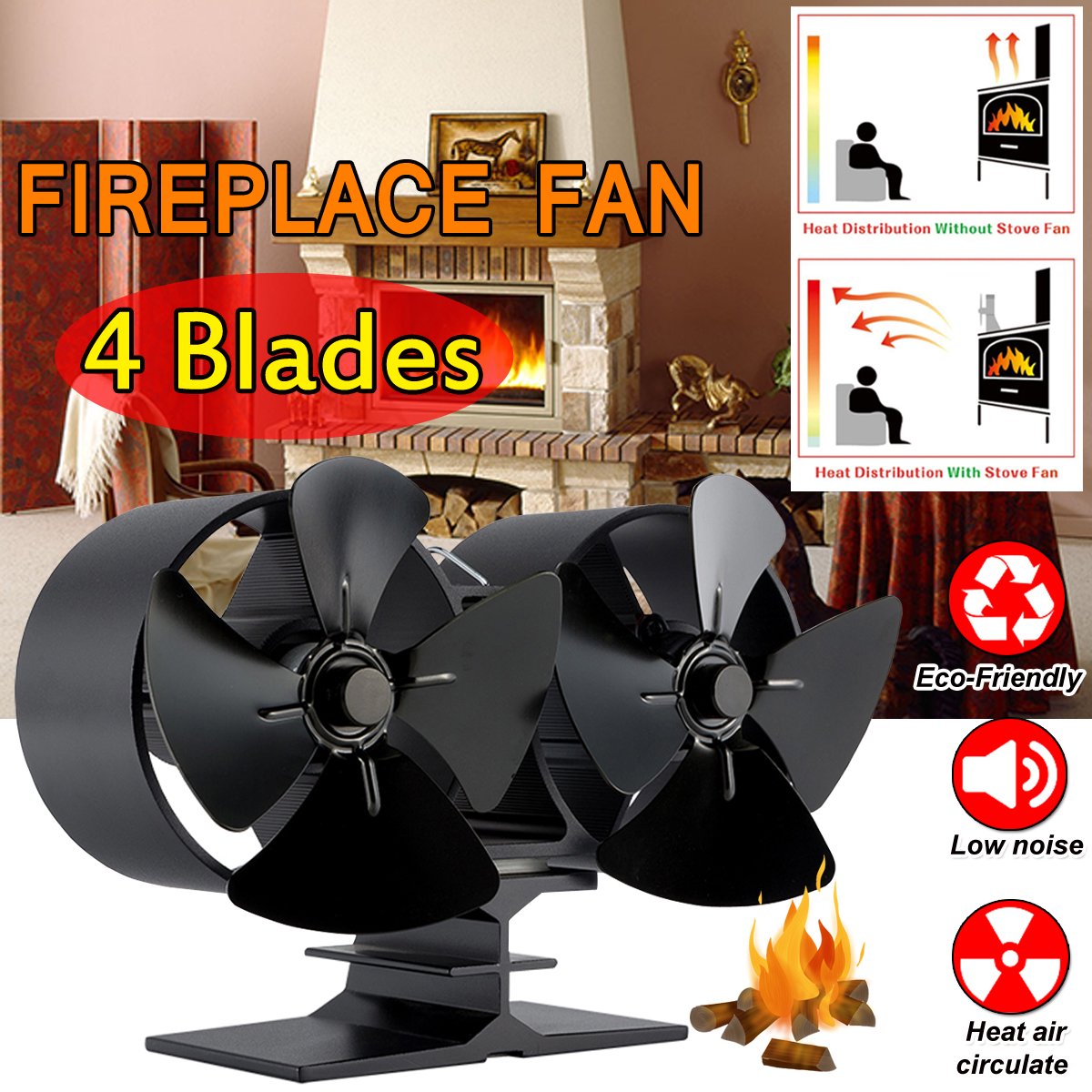 4 Blades Twin Heads Warm Heat Powered Wood Stove Fan Wood Log Burner  Fireplace | Walmart Canada