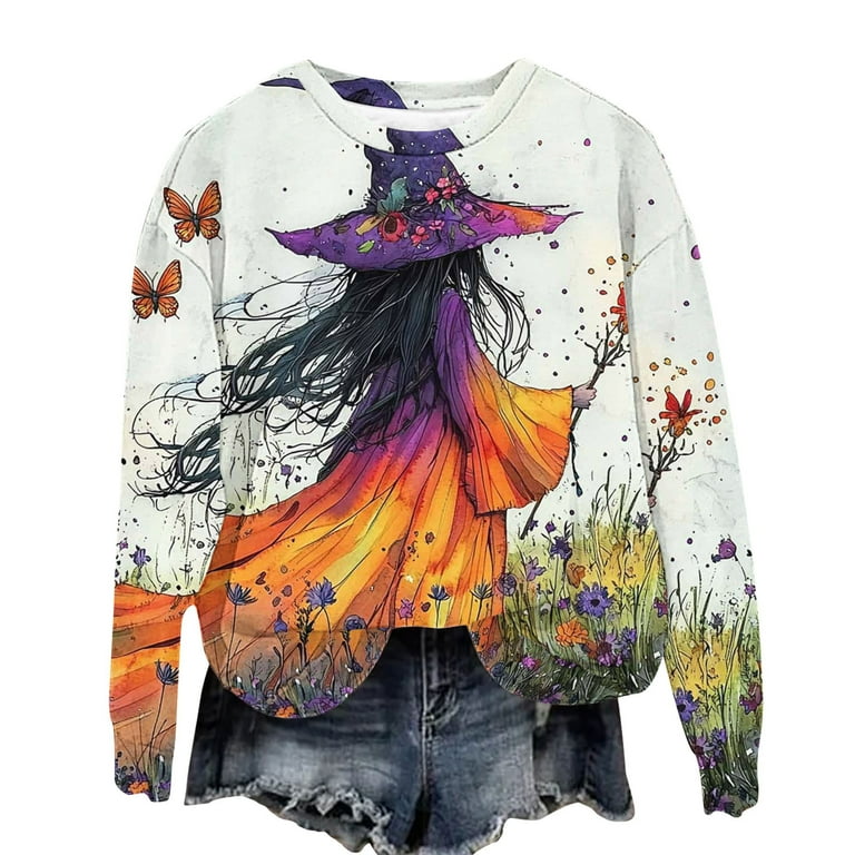 Halloween Sweatshirt For Women - Cute Pumpkin & Cat Graphic, Lightweight Pullover, Long Sleeve
