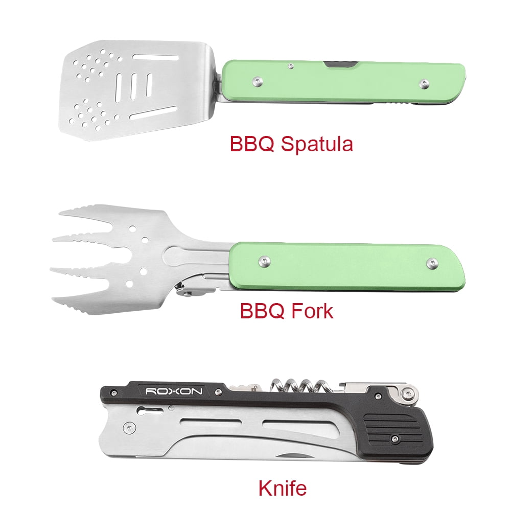 Roxon 6-in-1 Collapsible Grill Multitool - Fork, Spatula, Wine Opener, Knife, Tong- Green Color