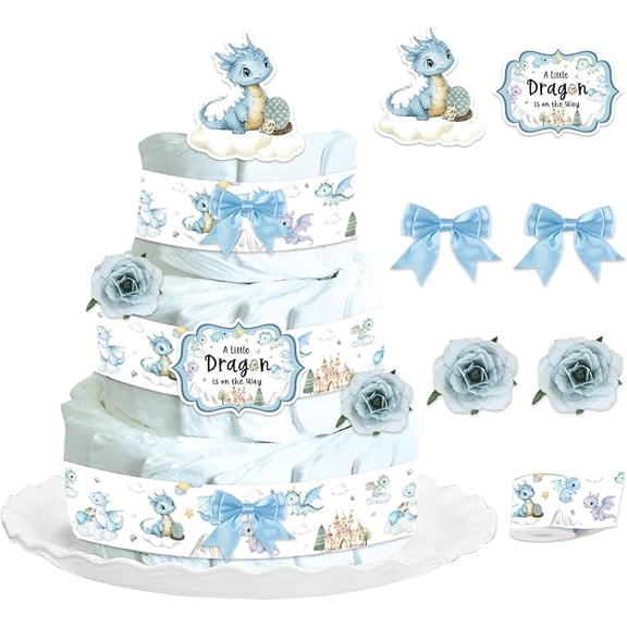 Dragon Theme Baby Shower Diaper Cake Decorations, Hatching Soon Baby Shower Cards Grosgrain Ribbon Dragon Printed, Blue Bows Artificial Camellia Flowers for Party Decor
