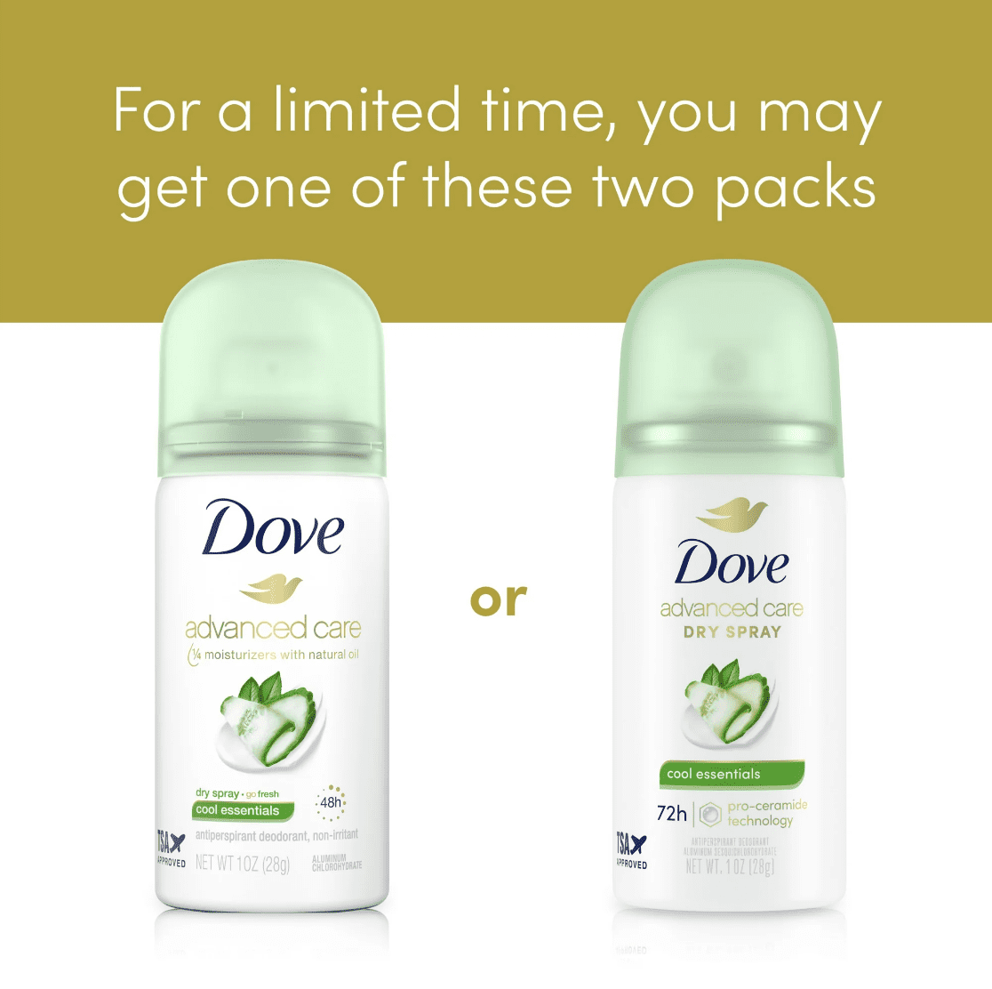 Dove Advanced Care Antiperspirant Deodorant Dry Spray Cool Essentials, 1 oz Travel Size (5 Pack)