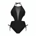 thumbnail image 5 of One Piece Swimsuit for Women Halter Neck Cutout Mesh Bathing Suit Open Back Ruched Drawstring Cheeky Swimwear Black XL(XL), 5 of 7