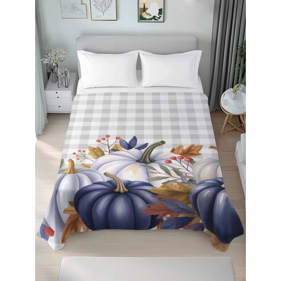 Queen Flat Sheet Only Thanksgiving Blue Pumpkins Soft Microfiber Cooling Bedding Sheets Fall Maple Leaf on Plaid Flat Bed Sheet for Hotel,Home Decor