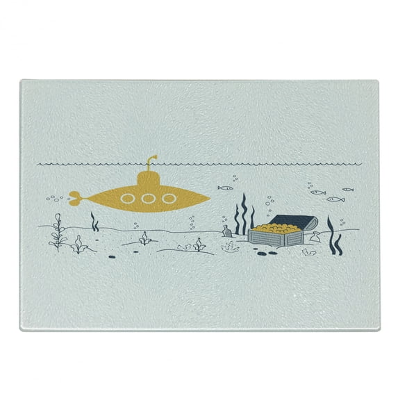 Yellow Submarine Cutting Board, Submarine Fish and a Treasure Chest on the Sea Bottom Print, Decorative Tempered Glass Cutting and Serving Board, Small Size, White and Earth Yellow, by Ambesonne