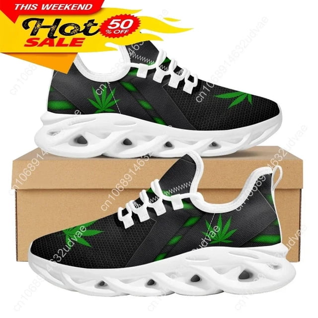 Zapatillas deportivas con estampado 3D de hojas verdes de marihuana para mujer, transpirables, con cordones, cómodas, con plataforma,