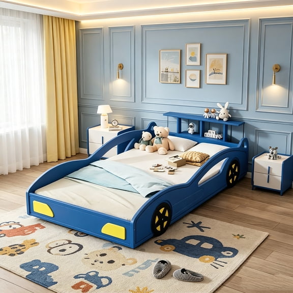 AUU Wooden Race Car Bed  Car-Shaped Platform Twin Bed with Wheels, Themed Twin Size Bed Frame for Bedroom