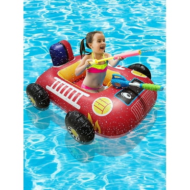Summer Inflatable Firetruck Pool Float for Kids with Built-in Squirt Gun, Inflatable Ride-on for Children Aged 3-7 Years