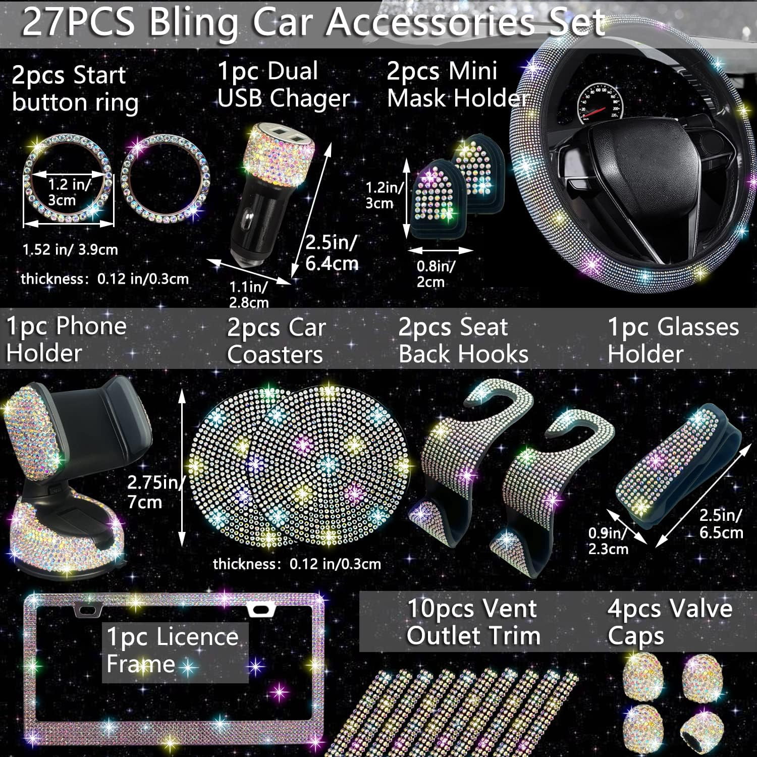 27 Pieces Bling Car Accessories Set for Women, Steering Wheel Covers Universal Fit 15 Inch, Bling Car Coasters, Bling License Plate Frame, Bling Phone Holder, Multicolor Diamond