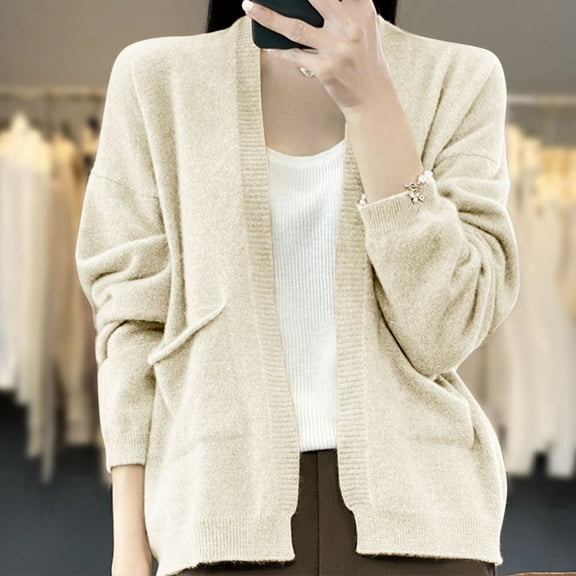 Soft Cardigans for Women 2024 Fall Winter Basic Long Sleeve Knit Open Front Sweaters Cardigan Beige XXL