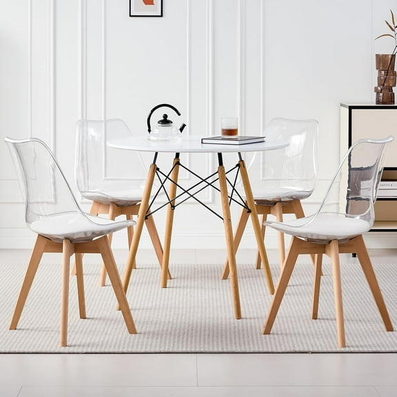 5-Piece Round Dining Table Set, Small 31.5" Kitchen Table Chairs Set of 4 Space Saving Furniture, Plasctic Seats, Solid Wood Legs, for Living Room Apartment Office Home, Clear