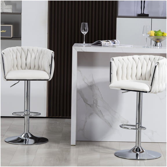 2-Pack Silver Chrome Bar Stools with Beige Fabric Seat, Swivel Adjustable Counter Height Chairs with Back Support & Foot Rest