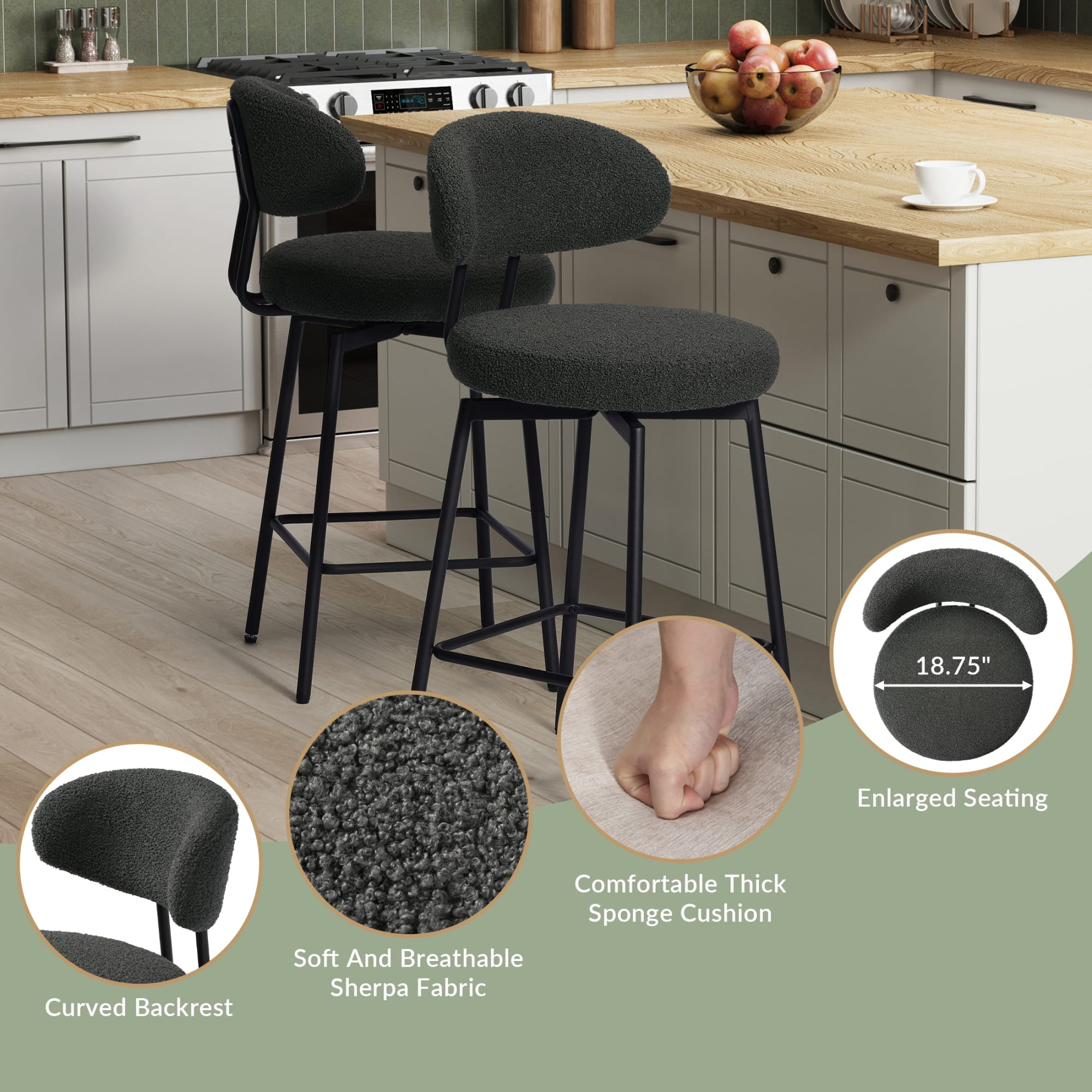 WestinTrends Alexandria Modern Upholstered Sherpa Fabric Counter Height Bar Stools with Back (Set of 2), Charcoal Gray