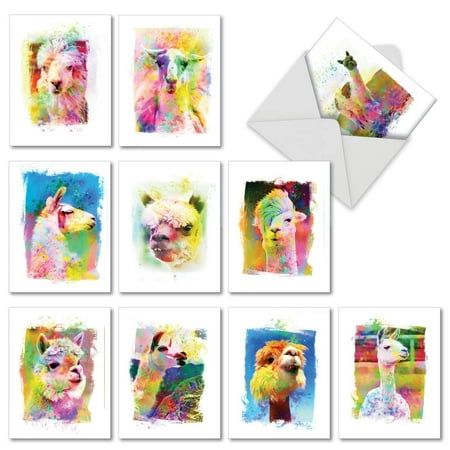 Funky Rainbow Llamas: 10 Assorted Blank All Occasions Notecards With Bright Bold Colors and Flamboyant Four Legged Creatures, with Envelopes.