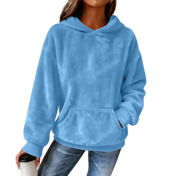Women's Hooded Long Sleeve Printed Flannel Top Hooded Sweatshirt for Casual and Warm Fall and Winter Seasons,Light Blue,XL