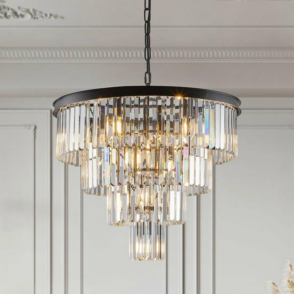 Resenkos 24" Contemporary Crystal Modern Chandelier - 4-Tier Ceiling Light for Dining/Living/Bedroom (Bulbs Not Included), Black