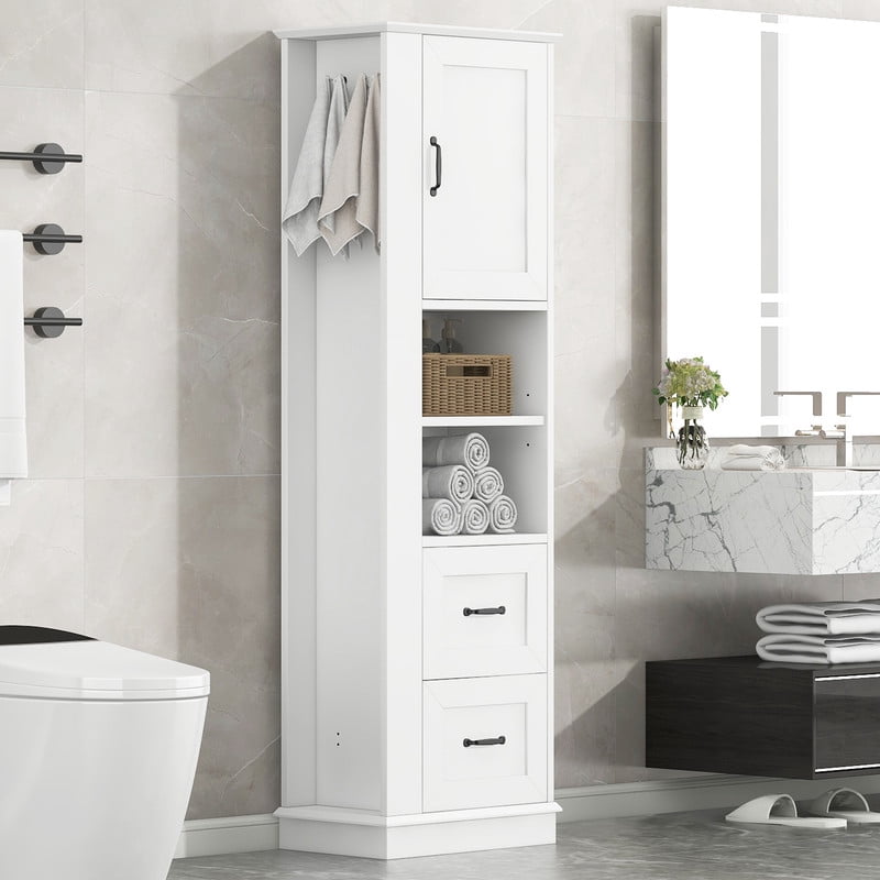 Freestanding Bathroom Storage Cabinet, Pantry Sideboard Storage Cabinet with Side Hooks, Drawers & Adjustable Shelf